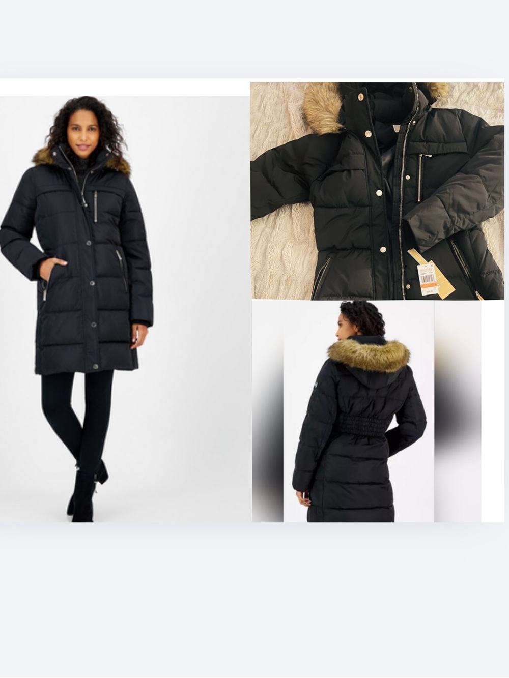 MICHAEL Michael Kors Black Long Puffer Coat with Faux-Fur Trim